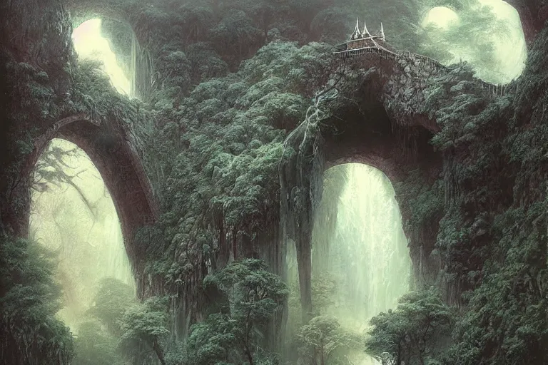 Prompt: Himeji Rivendell overlooks the Garden of Eden, amazing concept painting, fantasy landscape, castle, valley, waterfalls, trees, by Jessica Rossier by HR giger by Beksinski, by brian Froud