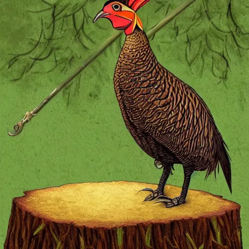 Image similar to pheasant sits on a stump with sword, in deep forest, by rivuletpaper, rivuletpaper art, Mouse Guard by David Petersen, mouse photo, small details, realistic illustration,