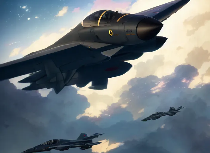 Prompt: portrait of figther jet evading, clear sky background, illustration concept art anime key visual trending pixiv fanbox by wlop and greg rutkowski and makoto shinkai and studio ghibli and kyoto animation, dcs world falcon bms, panavia tornado, symmetrical, volumetric lighting