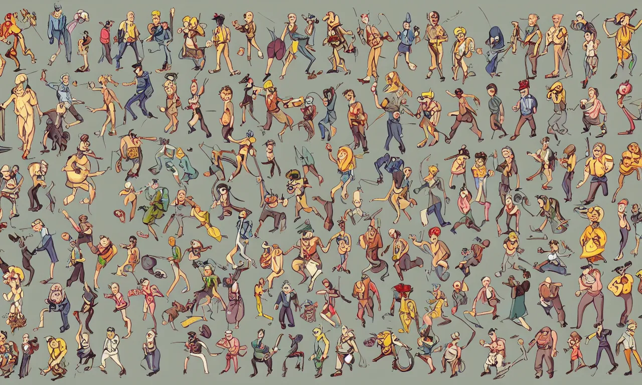 Prompt: game asset sheet, material study, 2 d sprite, 1 9 6 0 s era characters from animation cartoon by r. crumb