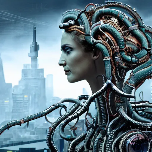 Prompt: photorealistic portrait of a cyborg gorgon medusa with borg implants and mechanical snakes coming out of her head. Dystopian city in the backgeound. very detailed, 8k