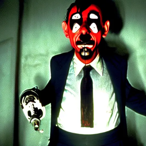 Image similar to mr. bean as jigsaw killer from the saw movies. movie still. cinematic lighting.