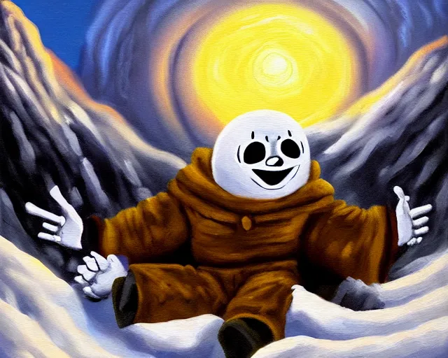 Image similar to oil painting of sans sitting in a mountain during winter