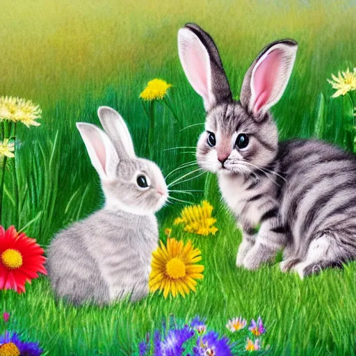 Prompt: animal friends cute fluffy tan lop eared bunny rabbit and fluffy grey tabby kitten together in grassy landscape with flowers detailed painting 4k