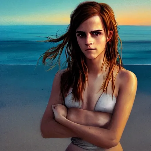 Image similar to portrait of emma watson on the beach at sunset, looking scared, dramatic lighting, high - res, greg rutkowski