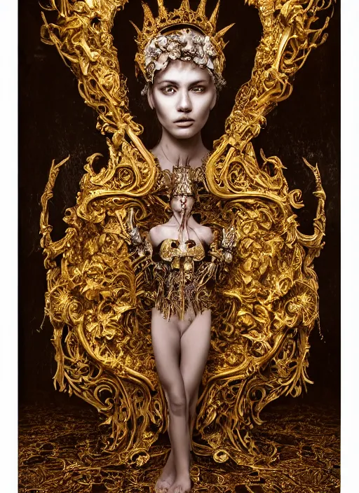 Image similar to a portrait of female model by stefan geselle and nekro borja, photorealistic, intricate details, hyper realistic, fantasy, elegant, ornate metal gold headpiece, photorealistic, canon r 3, photography, wide shot, symmetrical features, wide angle shot, head to toe, standing pose, feet on the ground, studio background