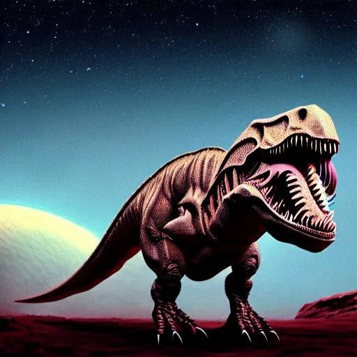 Image similar to an alien t-rex in an unknown planet, photorealistic, 8K