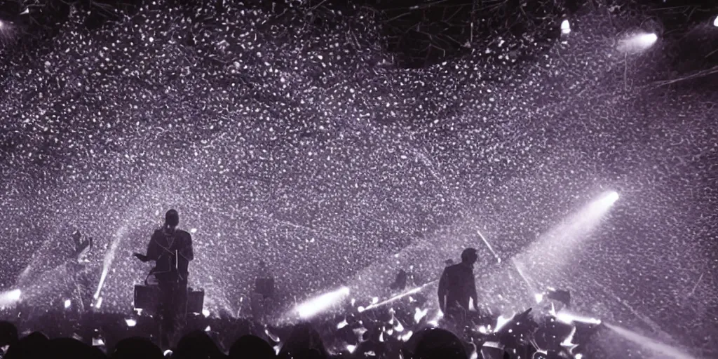 Image similar to Thom Yorke singer songwriter, Radiohead group of people on stage playing instruments, elaborate stage effects, dust, smoke, giant LED screens, colored projections, ultrafine detail, glowing thin wires, smoke, high contrast, projections, a screenshot by David Gilmour Blythe, holography, tesseract, volumetric lighting, anamorphic lens flare