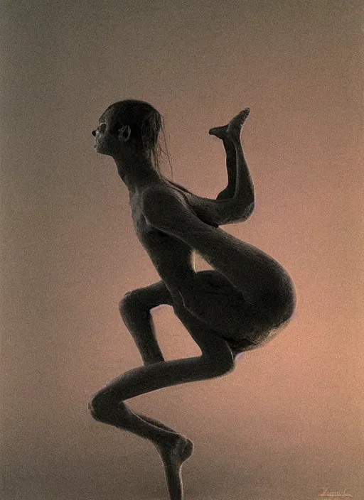 Image similar to ballerina fetal position, painted by zdzislaw beksinski