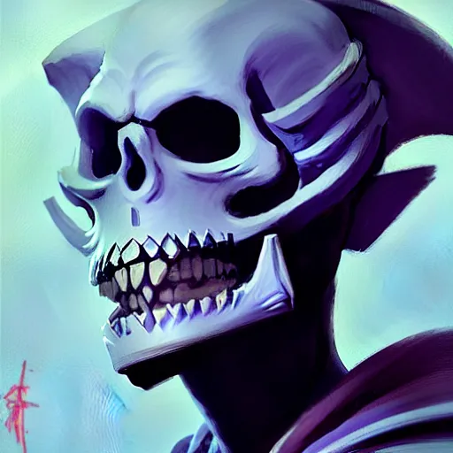 Prompt: Greg Manchess portrait painting of Skeletor as Overwatch character, medium shot, asymmetrical, profile picture, Organic Painting, sunny day, Matte Painting, bold shapes, hard edges, street art, trending on artstation, by Huang Guangjian and Gil Elvgren and Sachin Teng