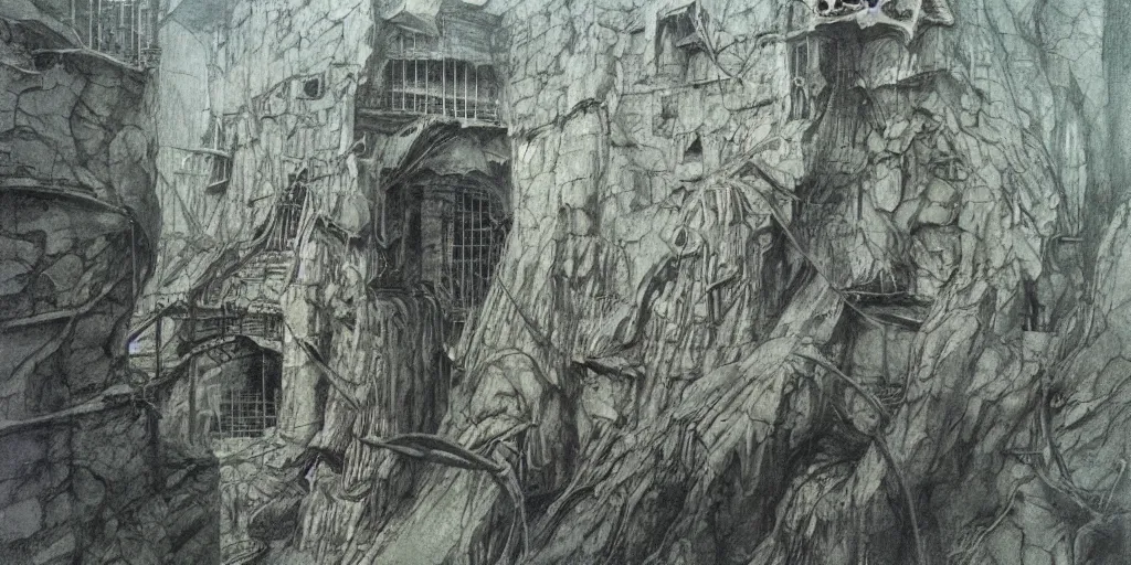 Image similar to Artwork by Alan Lee of the cinematic view of the Seventh Terrifying Prison.