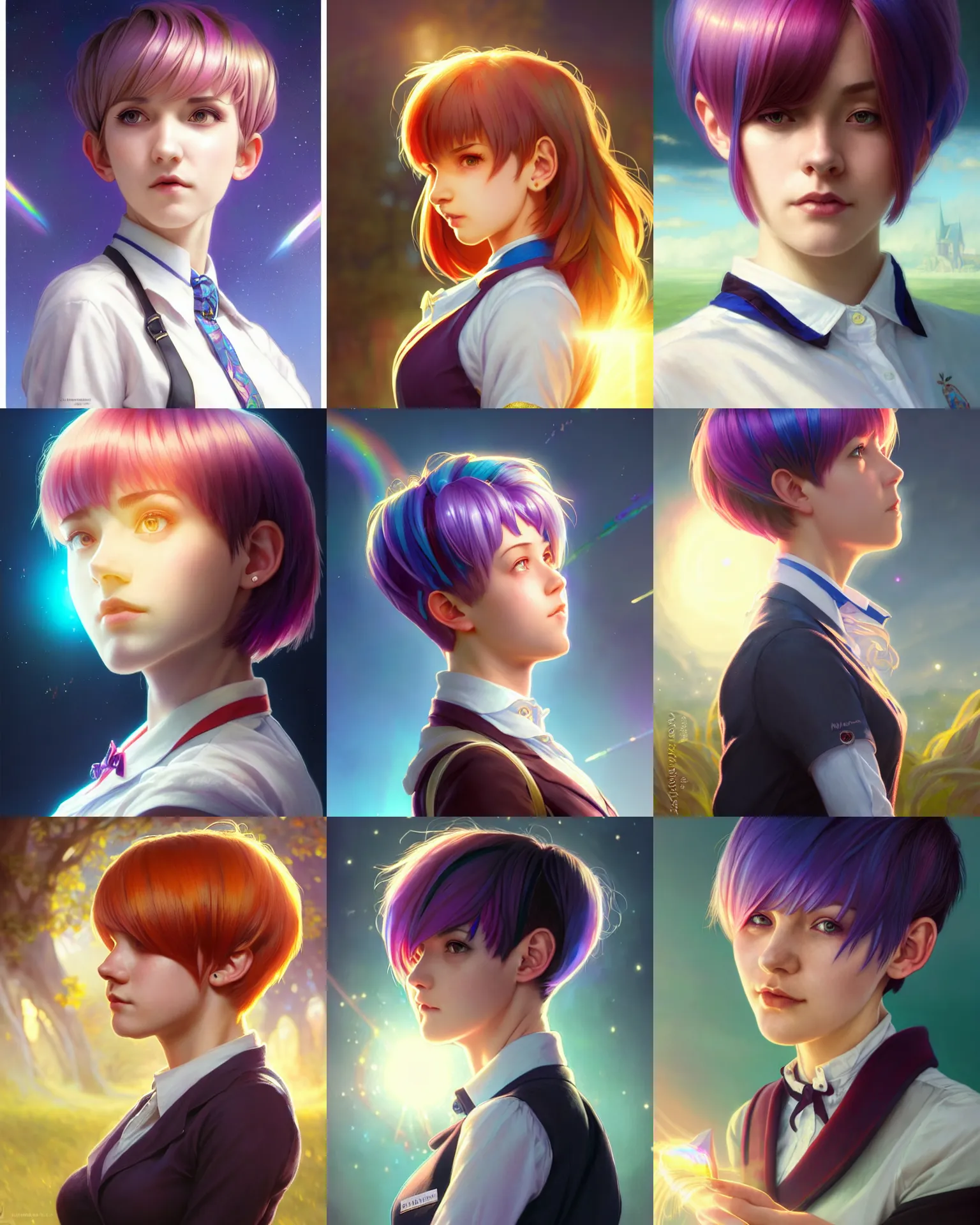 Prompt: side portrait of an innocent lost college girl, magic school uniform, multi - colored hair, short pixie cut hair style, fantasy building, intricate, sharp focus, lens flare, bloom, rim light, illustration, highly detailed, digital painting, concept art, matte, art by wlop and artgerm and greg rutkowski and alphonse mucha, masterpiece