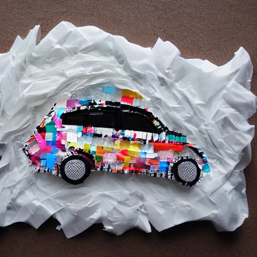 Image similar to bmw hatchback made of tissue paper, tissue paper art