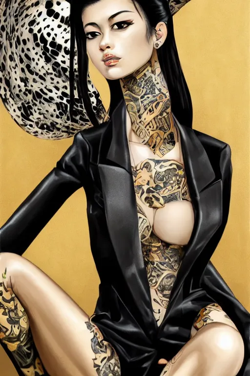 Image similar to yakuza slim girl, gold suit jacket in snake print, jacket over bare torso, yakuza tattoo on body, black short curtain haircut, black leather pants with black belt, portrait, elegant, 2d, ultra highly detailed, digital painting, smooth, sharp focus, artstation, art by Ilya Kuvshinov, rossdraws