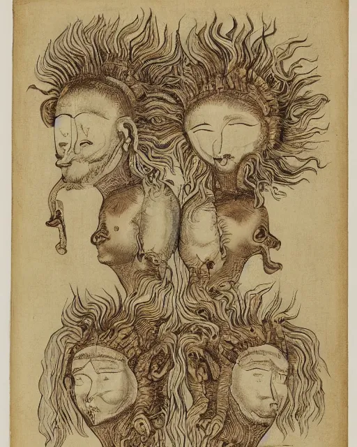 Image similar to zmei gorynich with four heads. one human head, second eagle head, third lion head, fourth ox head. drawn