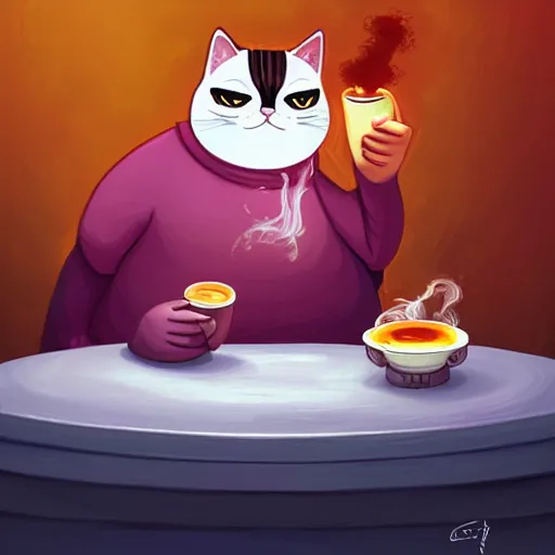 Prompt: angry fat cat full of rage drinking tea, by cyril rolando and naomi okubo and dan mumford and ricardo bofill, HD, 4k