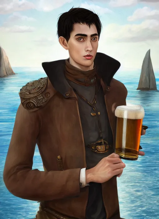 Image similar to Young man, slim, short black hair, pale, wearing a haramaki, holding a tankard of ale, digital art, realistic, Pathfinder, detailed, trending on artstation, sea in the background as drawn by Wayne Reynolds