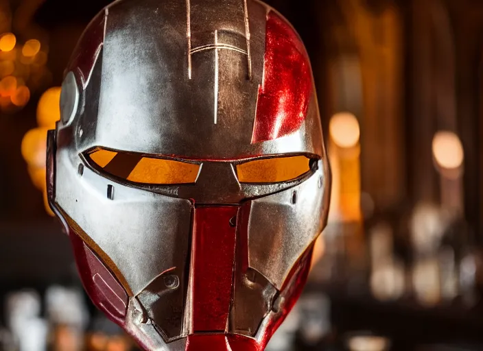 Image similar to a reflective steel engineering ironman mask at a high end bar in a medieval themed castle in golden afternoon light, professional food photography