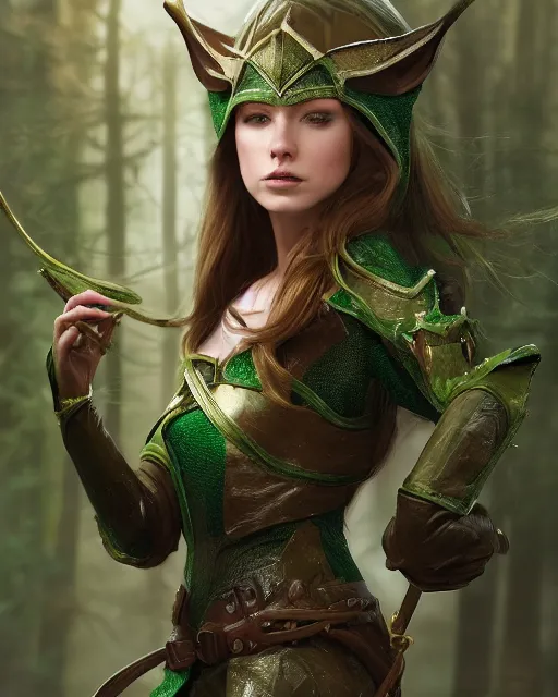 Image similar to a beautiful image of a young woman, green elf ranger with long flowing hair and a green leather hood, elf ranger leather armor with olive green and brown colors and gold lining, young female face, realistic body proportions, proper female figure, inside deep in a magical forest, cinematic top lighting, insanely detailed and intricate, face by wlop, Charlie Bowater, designs by zhelong xu and gustave doré, golden ratio, symmetric, elegant, ornate, luxury, elite, matte painting, cinematic, trending on artstation, deviantart and cgsociety, 8k, high resolution