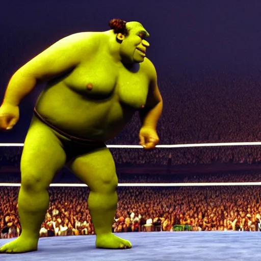 Image similar to shrek vs andre the giant at wrestlemania 8, dramatic lighting, 8k