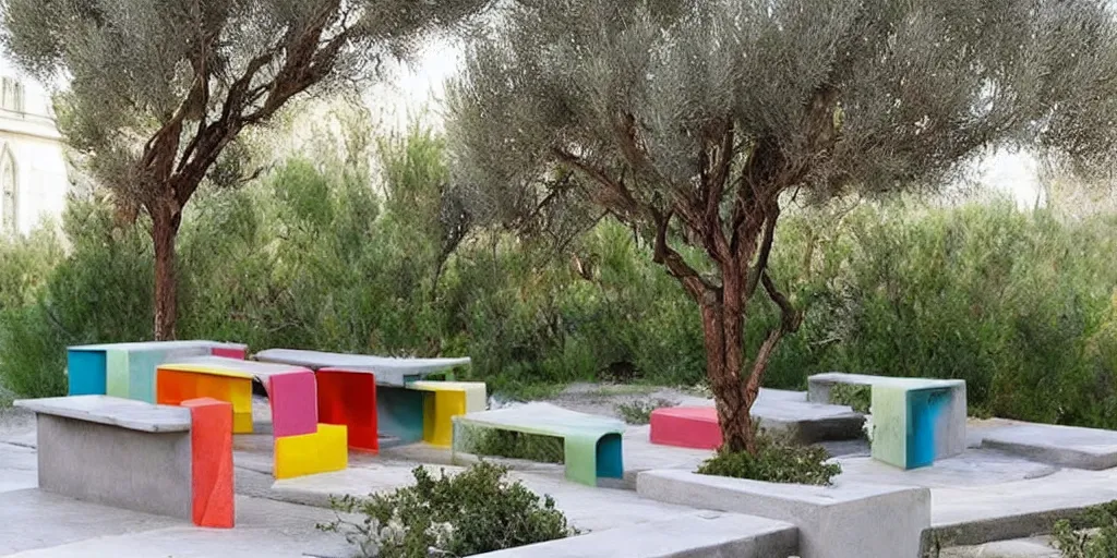 Prompt: creative concrete benches, colorful, olive trees, decking