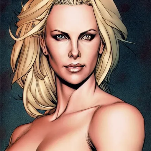 Prompt: charlize theron as emma frost, symmetrical facial features, 8 k intricate detail, detailed face, beautiful, golden ratio, art by ardian syaf, radiosity rendering,