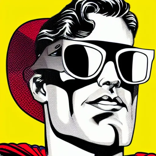 Prompt: a pop art of superman wearing sunglasses chilling in the beach