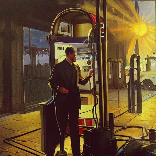 Prompt: painting of a man in suit in an syd mead artlilery scifi gas pump with ornate metal work lands on a farm, fossil ornaments, volumetric lights, purple sun, andreas achenbach