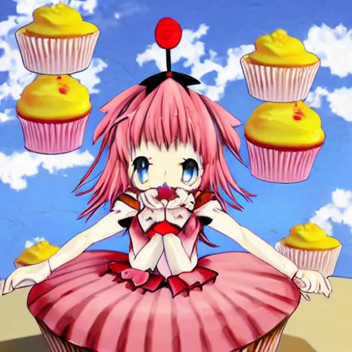 Image similar to flandre eating cupcakes. anime style.