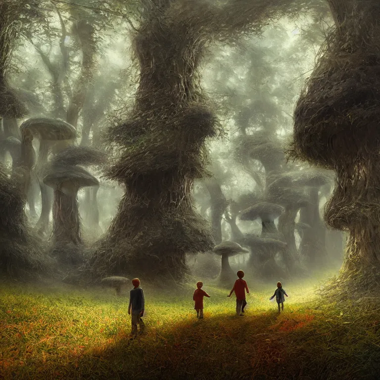 Image similar to a painting of a man and a child walking through a huge mushroom forest, a detailed matte painting by julian allen, cgsociety, fantasy art, matte painting, concept art, daz 3 d