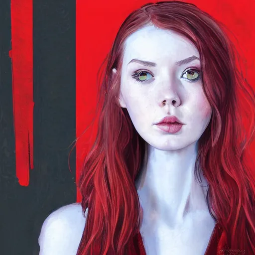 Prompt: A young woman who looks like a mixture between Karen Gillan, Anya Taylor Joy and Thomasin McKenzie, redhead, long and straight hair, wearing red and black utilitarian jumpsuit, scifi, highly detailed portrait, digital painting, artstation, concept art, smooth, sharp foccus ilustration, Artstation HQ.
