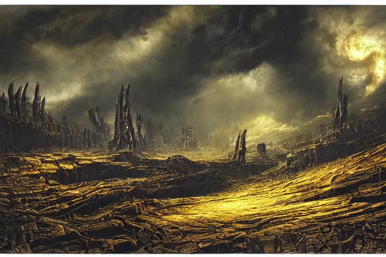 Prompt: dark landscape, ruinous, apocalyptic setting, sunshine through the billowing clouds, golden heavenly light contrasting with a hellish overworld, painting by h. r. giger