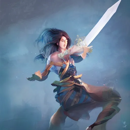 Image similar to a woman flying through the air while holding onto a sword, concept art by yi inmun, featured on polycount, dau - al - set, high resolution, glorious, official art