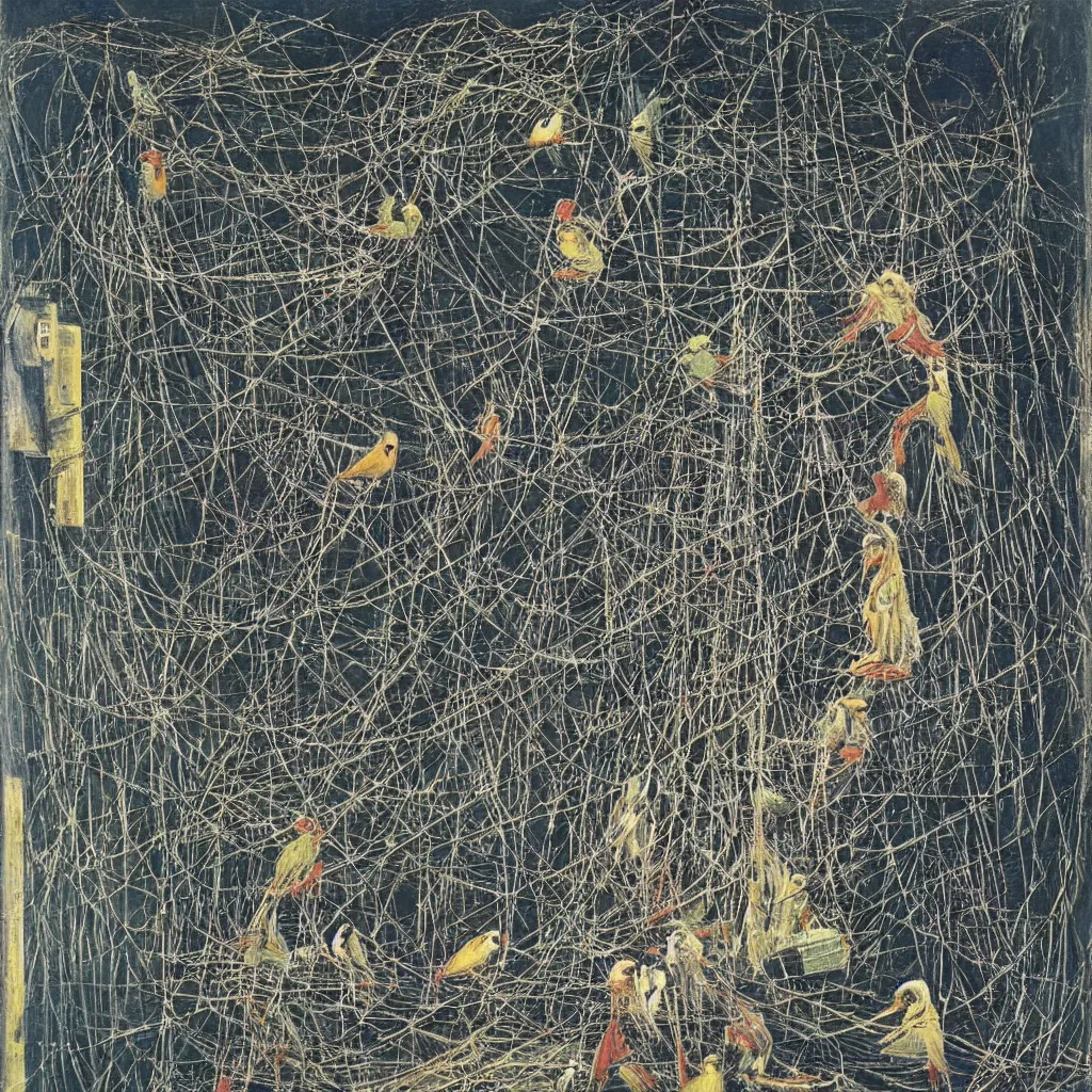 Prompt: A bird tangled in ethernet cables in a datacenter. painting by Max Ernst. 1942.