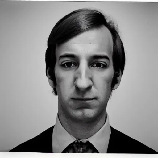 Image similar to Mugshot Portrait of Young Saul Goodman, taken in the 1970s, photo taken on a 1970s polaroid camera, grainy, real life, hyperrealistic, ultra realistic, realistic, highly detailed, epic, HD quality, 8k resolution, body and headshot, film still, front facing, front view, headshot and bodyshot, detailed face, very detailed face