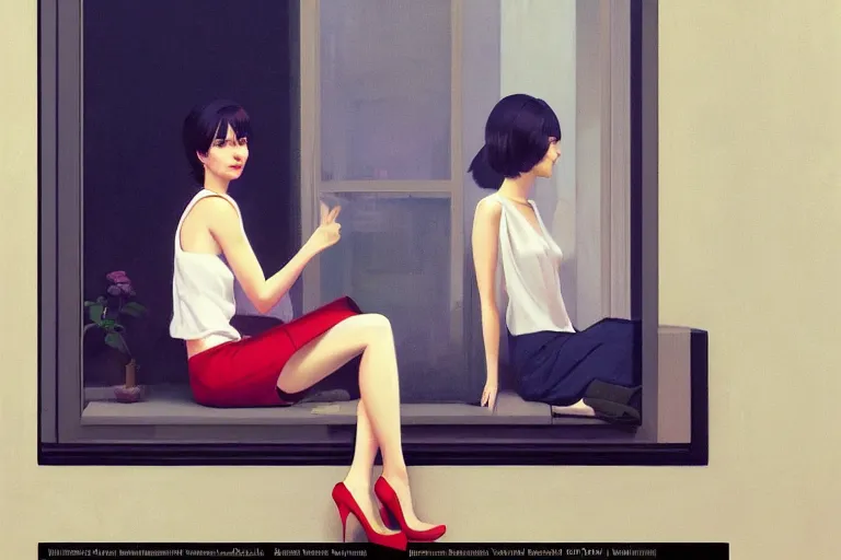 Prompt: A ultradetailed beautiful panting of a stylish woman sitting next to a window of a moders apartment, Oil painting, by Ilya Kuvshinov, Greg Rutkowski and Makoto Shinkai