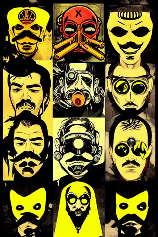 Prompt: gang saints wear yellow bandanas, and some of them have thick mustaches, their eyes are sharp, pop art style, dynamic comparison, proportional, professional art, bioshock art style, gta chinatowon art style, hyper realistic, face and body clarity, complicated, intricate, concept art, art by argerm dan richard hamilton