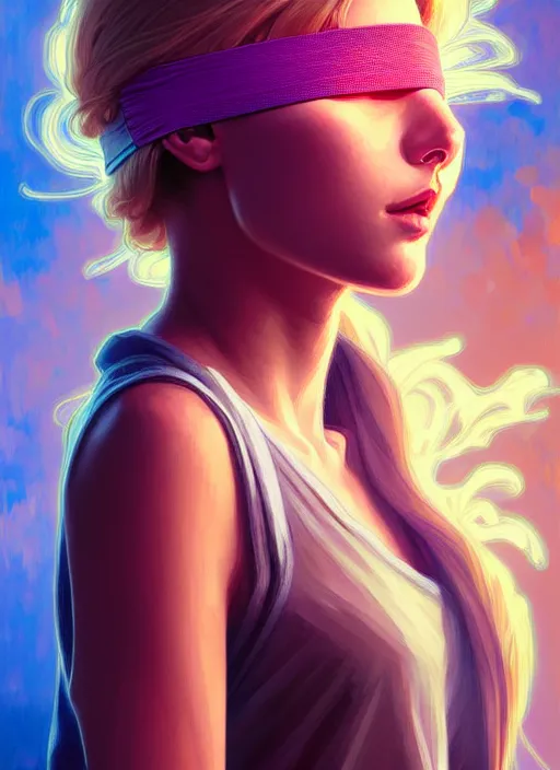 Image similar to blindfolded handsome young women with shoulder length blonde hair, half body shot, path traced, highly detailed, high quality, digital painting, alena aenami, lilia alvarado, shinji aramaki, karol bak, alphonse mucha, tom bagshaw