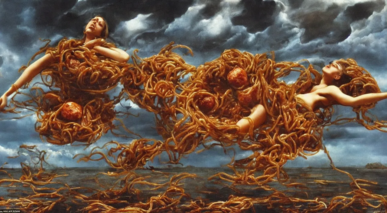 Image similar to 3 0 perfect woman bodies flying inside spaghetti bolognesa with meatballs and hundred rusted perfect woman bodies flying in stormy clouds by dali, hyper - realism