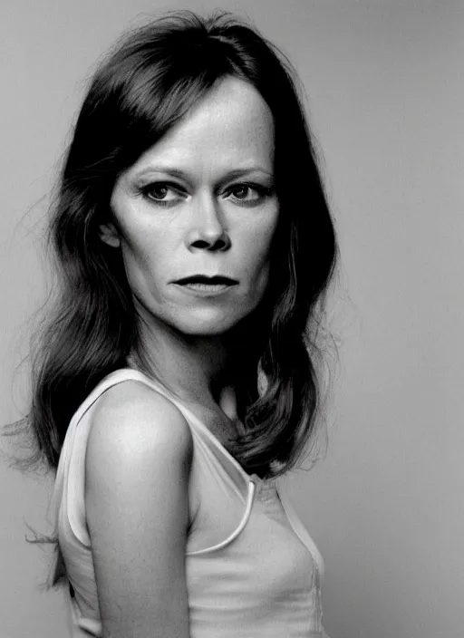 Prompt: a genetic combination of a young sissy spacek and sigourney weaver, late thirties, blond hair, brown eyes, face and shoulders focus
