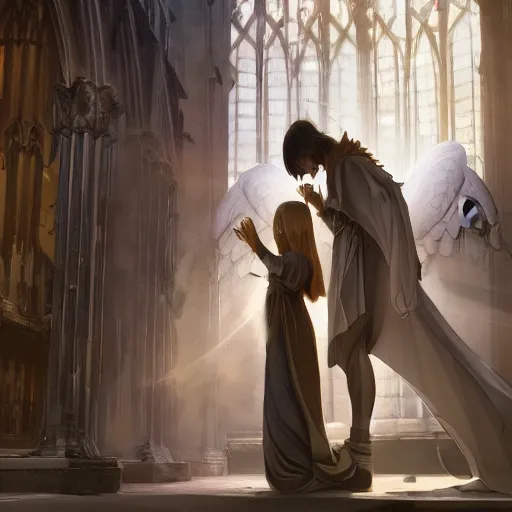 Image similar to angel protecting man who is praying inside a gothic church by Stanley Artgerm Lau, WLOP, Rossdraws, James Jean, Andrei Riabovitchev, Marc Simonetti, Yoshitaka Amano, ArtStation, CGSociety