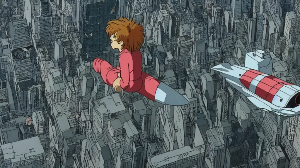 Image similar to a cell shaded cartoon movie still from akira ( 1 9 8 8 ) showing a spaceship from independence day ( 1 9 9 6 ) in the air above a city. very dull muted colors, hd, 4 k, hq
