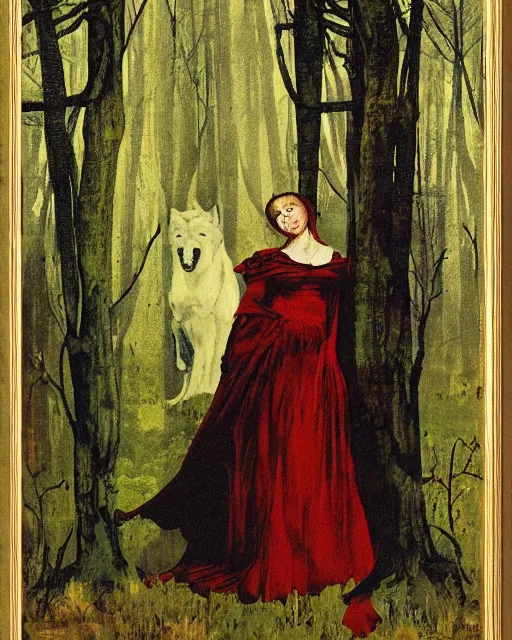 Prompt: a baroque painting of a girl wearing red lost in the dark woods, a terrifying wolf is watching her, 1 9 7 0 s, seventies, wallpaper, delicate embellishments, painterly, offset printing technique, by brom, robert henri, walter popp