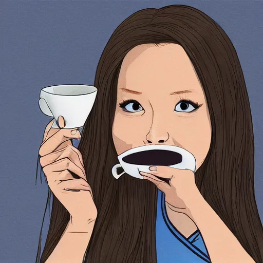 Image similar to hyper realistic illustration maiden drinking a cup of tea