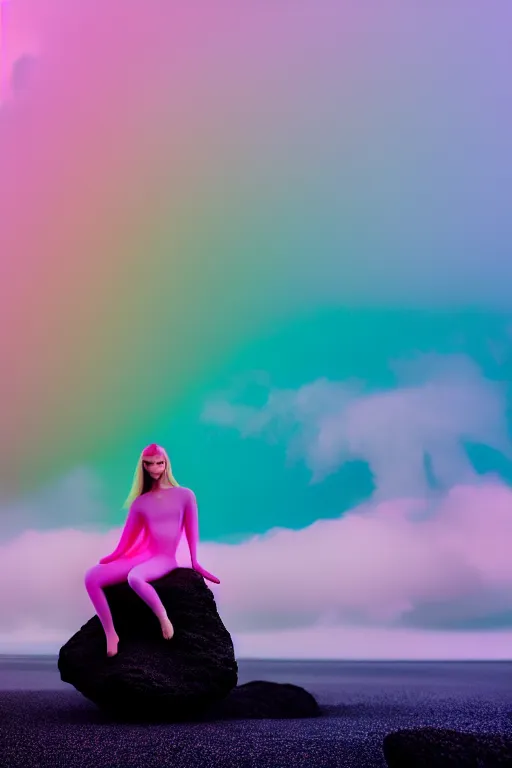 Image similar to high quality pastel coloured film close up wide angle photograph of a model wearing clothing swimming on cloud furniture in a icelandic black rock!! environment in a partially haze filled dreamstate world. three point light, rainbow. photographic production. art directed. pastel colours. volumetric clouds. pastel gradient overlay. waves glitch artefacts. extreme facial clarity. 8 k. filmic.