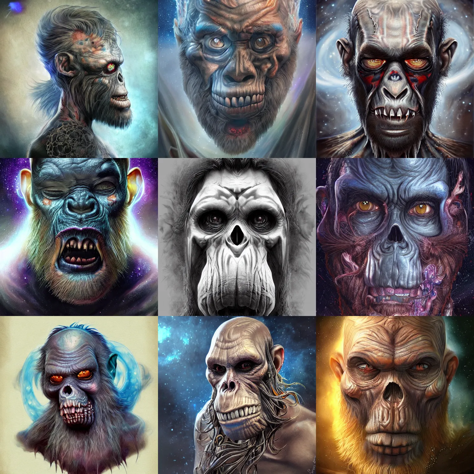 Prompt: a wlop 3 d render of very very very very highly detailed beautiful mystic portrait of a phantom undead mutant ape with whirling galaxy around, tattoos by anton pieck, intricate, extremely detailed, digital painting, artstation, concept art, smooth, sharp focus, illustration, intimidating lighting, incredible art,