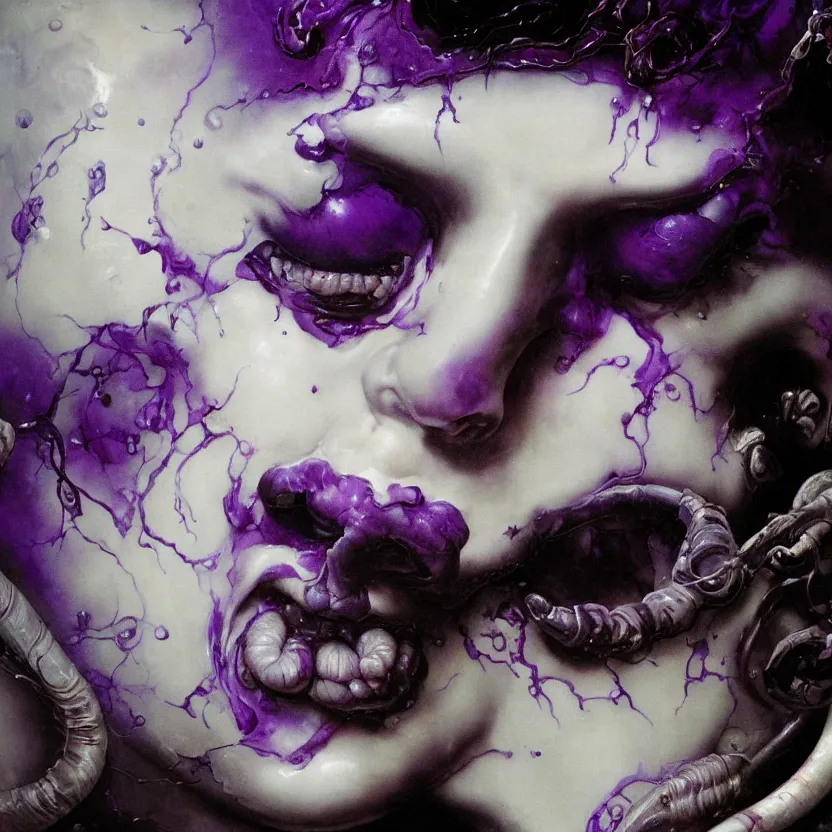 Image similar to a dark baroque close - up portrait of a vivid purple and white porcelain being made out of white liquid sci - fi vitrified translucent ceramic marble ; china. reflective detailed textures. gloomy black background. highly detailed fantasy science fiction painting by moebius, norman rockwell, frank frazetta, and syd mead. rich colors, high contrast. artstation