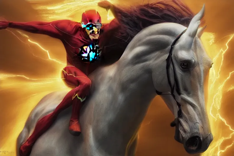 Image similar to a stunning digital painting of a horse as the flash in costume running in the speedforce by greg rutkowski, volumetric light, digital art, fine detail, photorealistic