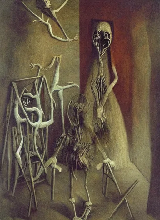 Image similar to oil painting highly detailed surreal ghosts with no faces, remedios varo