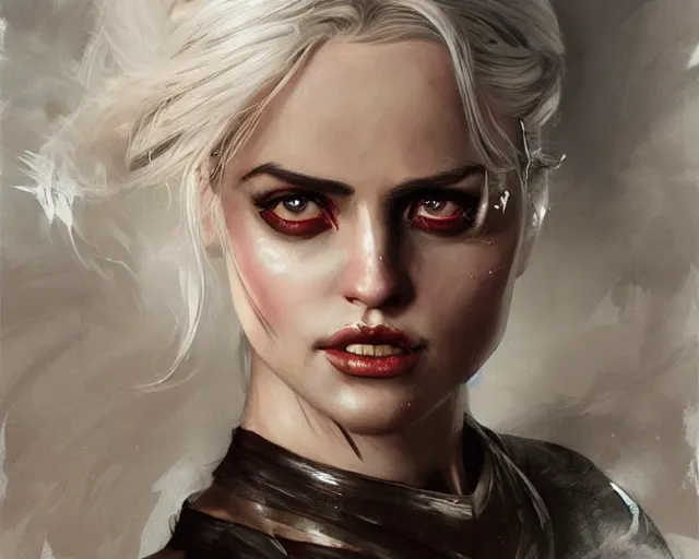 Image similar to portrait of ciri as a beautiful female bodybuilder amazon with plump lips, elegant, fantasy, hd shot, digital portrait, beautiful, artstation, comic style, by artgerm, guy denning, jakub rozalski, magali villeneuve and charlie bowater